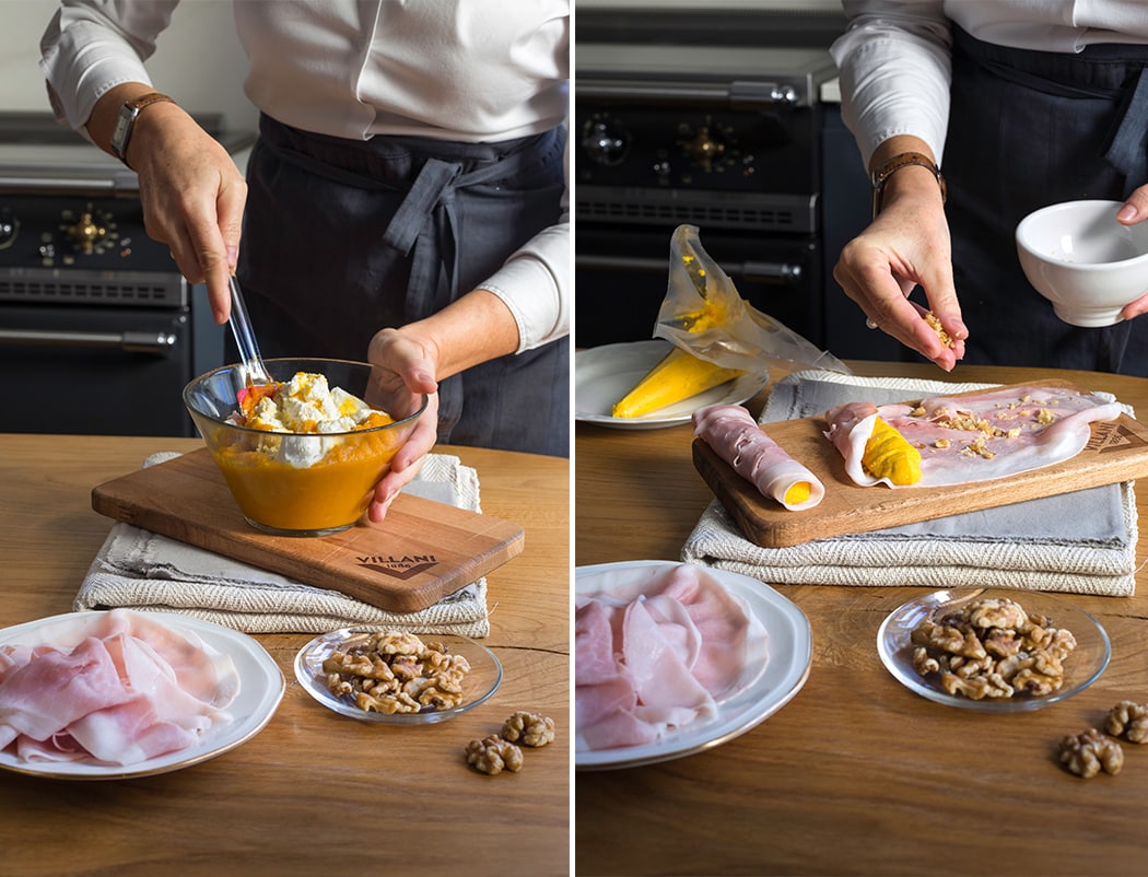 passaggi per ricetta cannellone di prosciutto cotto con crema di zucca, ricotta e sbriciolata di noci